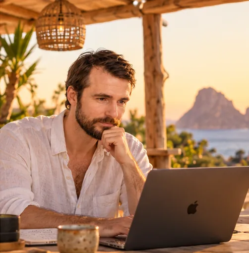 Mariusz Kreft am Laptop auf einer Terrasse bei Sonnenuntergang