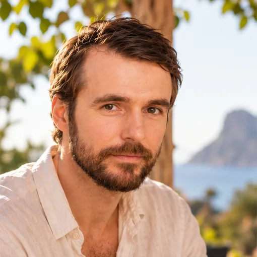 Mariusz Kreft, dein Workshop-Leiter, im Leinenhemd auf Ibiza, im Hintergrund das Meer